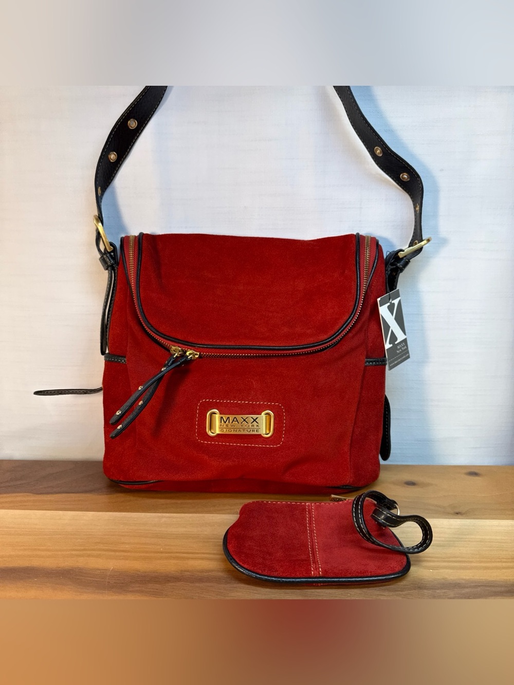NWT Maxx New York Signature Red Suede Leather Crossbody Bag Purse &‎ Wristlet